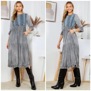 Boho Tiered Midi Dress with Blue Panel